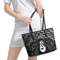 New Zealand Maori Leather Tote Bag Poutama Manaia Black Paua Shell LT05 - Polynesian Pride