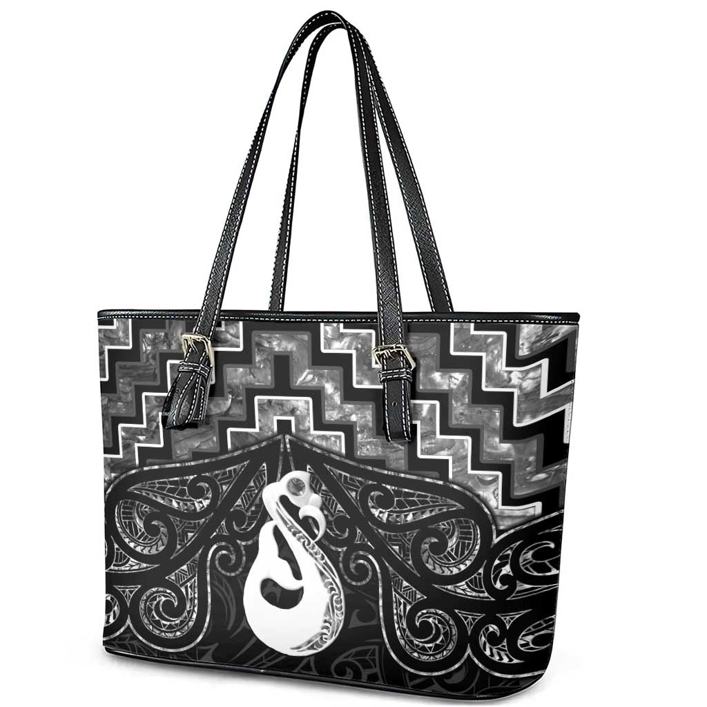 New Zealand Maori Leather Tote Bag Poutama Manaia Black Paua Shell LT05 - Polynesian Pride