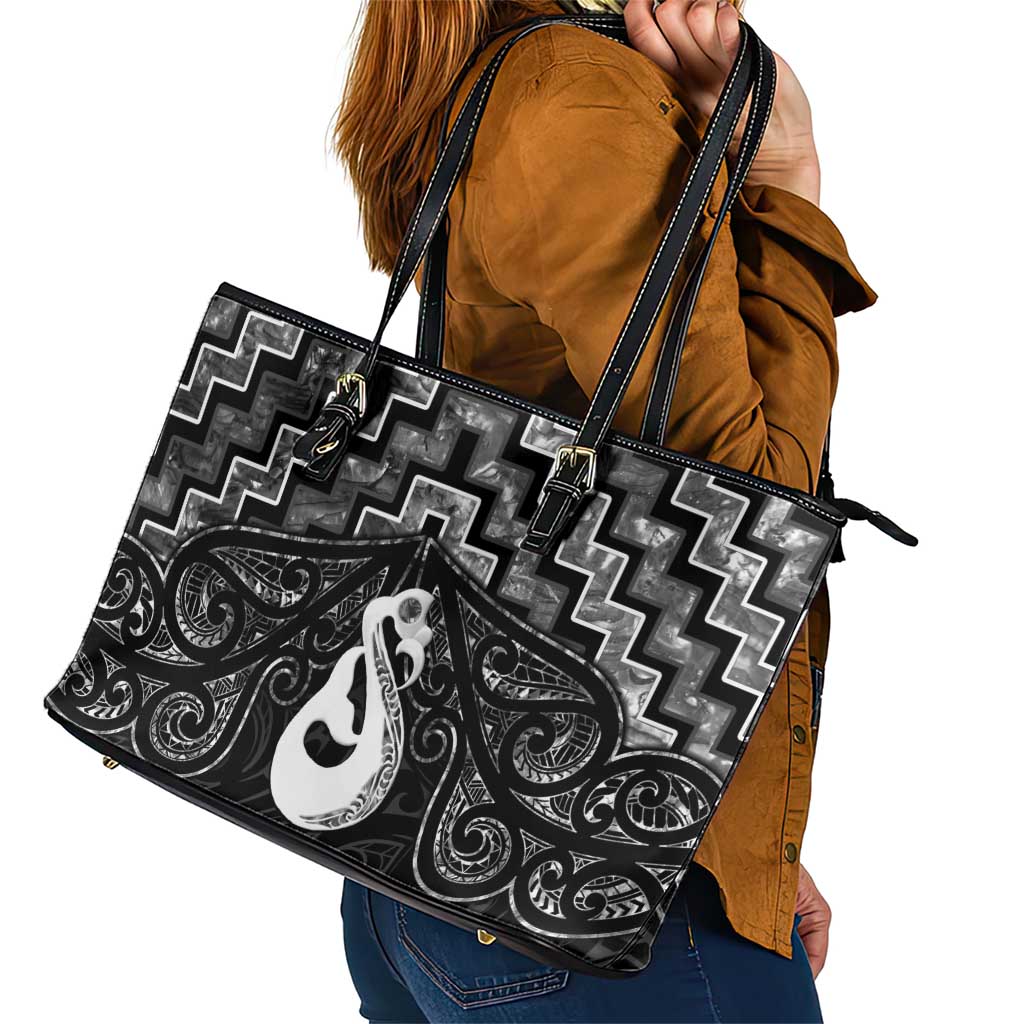 New Zealand Maori Leather Tote Bag Poutama Manaia Black Paua Shell LT05 - Polynesian Pride