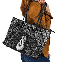 New Zealand Maori Leather Tote Bag Poutama Manaia Black Paua Shell LT05 - Polynesian Pride