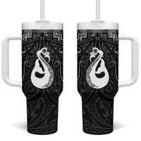 New Zealand Maori Tumbler With Handle Poutama Manaia Black Paua Shell LT05 One Size: 40 oz Black - Polynesian Pride