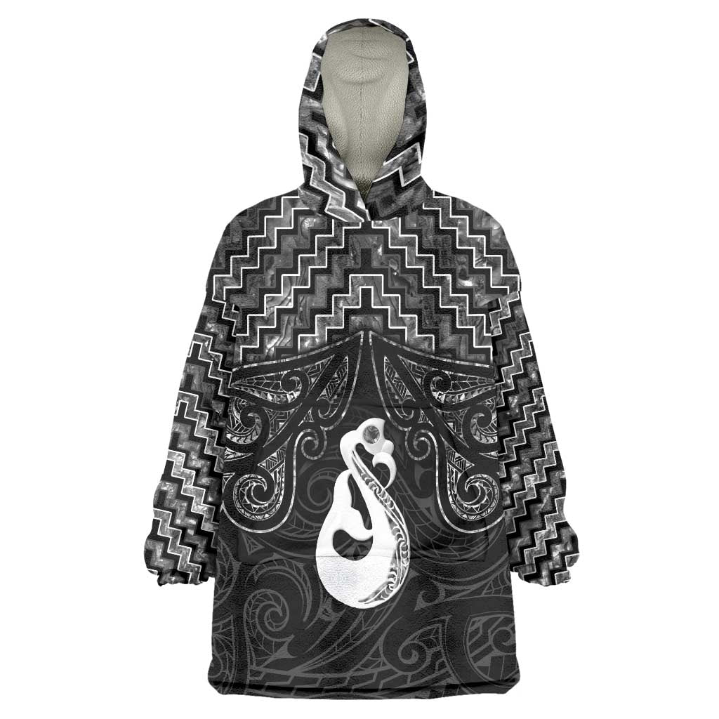 New Zealand Maori Wearable Blanket Hoodie Poutama Manaia Black Paua Shell LT05 One Size Black - Polynesian Pride
