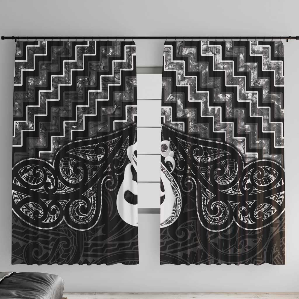 New Zealand Maori Window Curtain Poutama Manaia Black Paua Shell LT05 With Hooks Black - Polynesian Pride