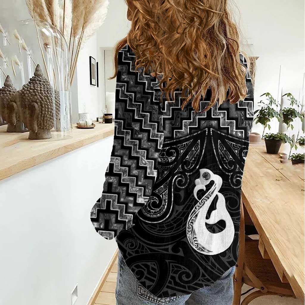 New Zealand Maori Women Casual Shirt Poutama Manaia Black Paua Shell