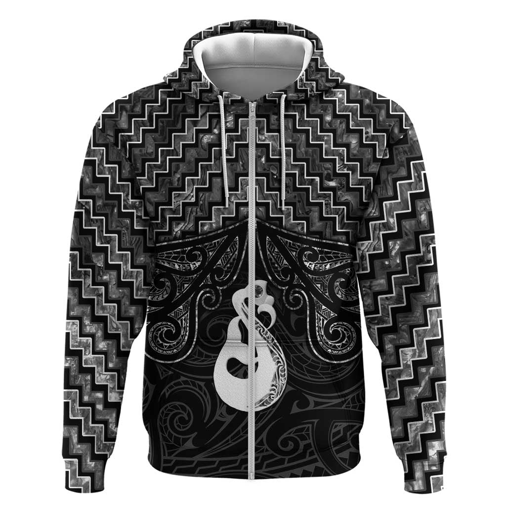 New Zealand Maori Zip Hoodie Poutama Manaia Black Paua Shell