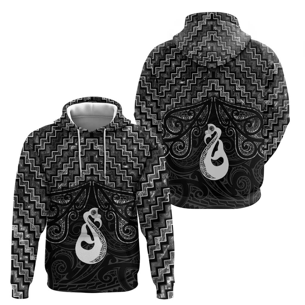New Zealand Maori Zip Hoodie Poutama Manaia Black Paua Shell