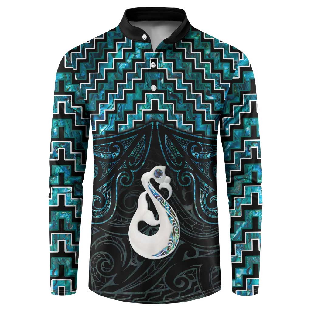 New Zealand Maori Button Sweatshirt Poutama Manaia Turquoise Paua Shell LT05 Turquoise - Polynesian Pride