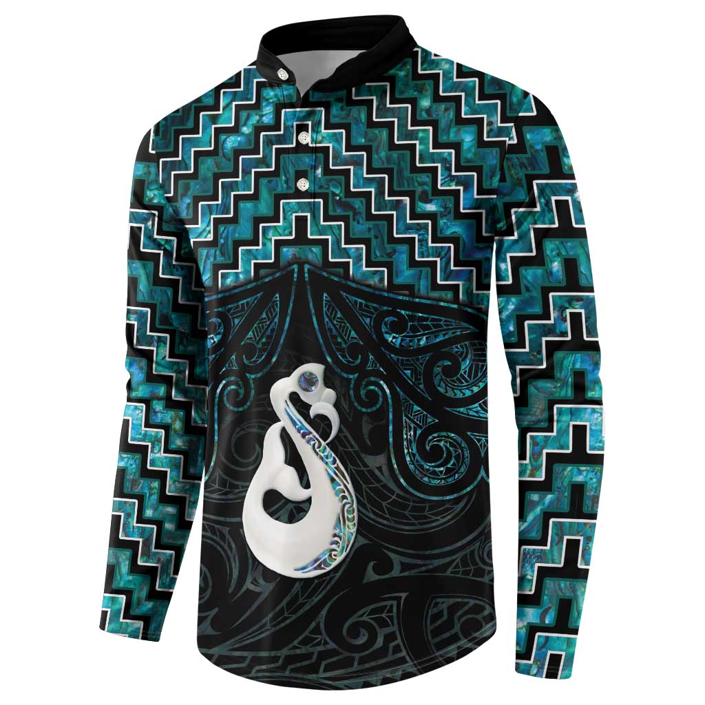 New Zealand Maori Button Sweatshirt Poutama Manaia Turquoise Paua Shell LT05 - Polynesian Pride