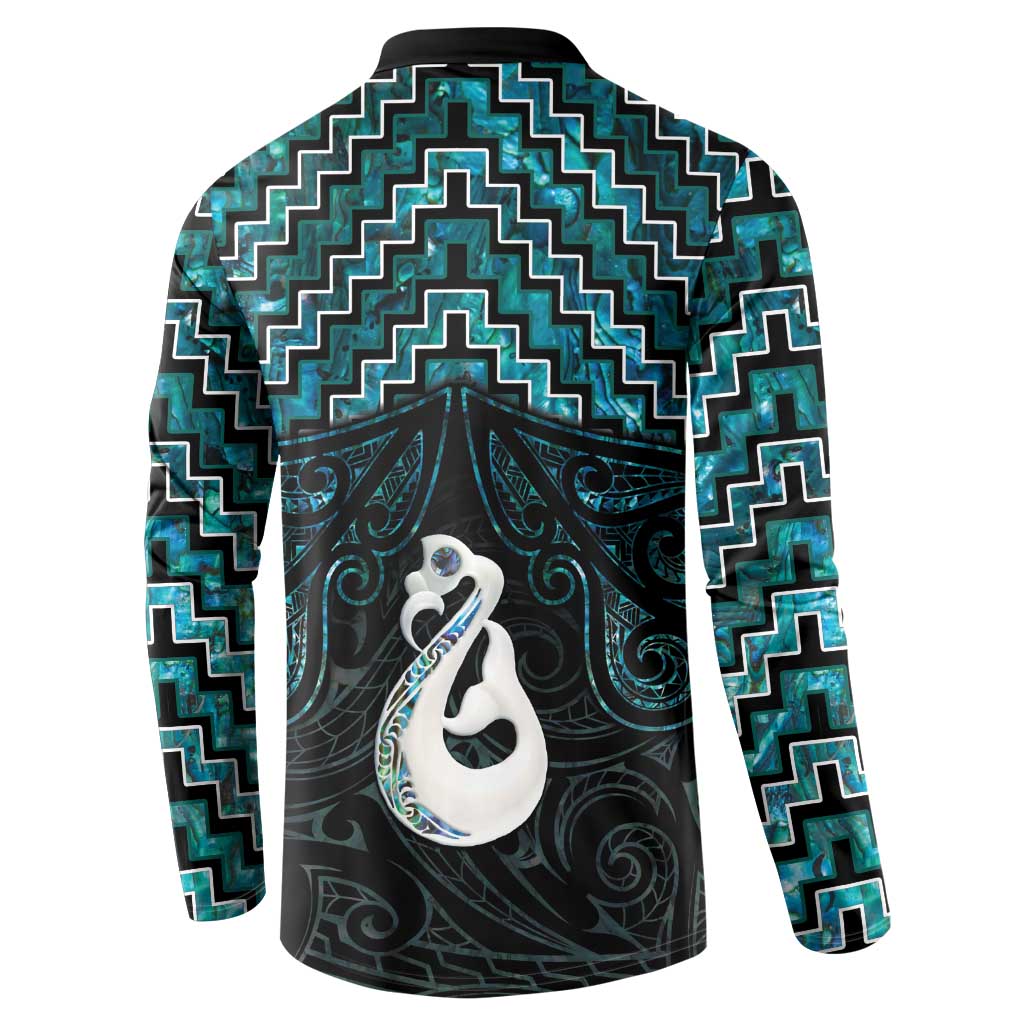 New Zealand Maori Button Sweatshirt Poutama Manaia Turquoise Paua Shell LT05 - Polynesian Pride