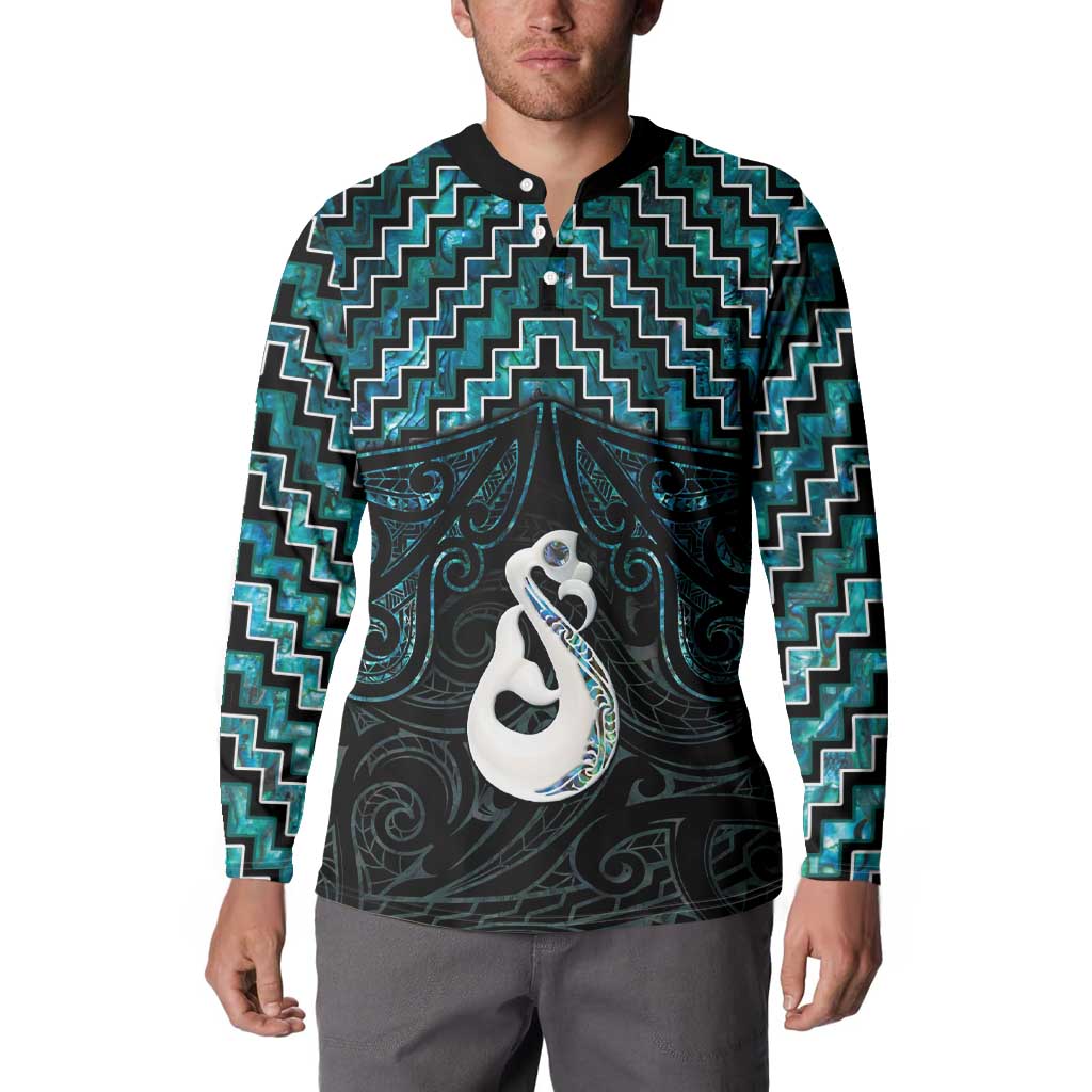 New Zealand Maori Button Sweatshirt Poutama Manaia Turquoise Paua Shell LT05 - Polynesian Pride