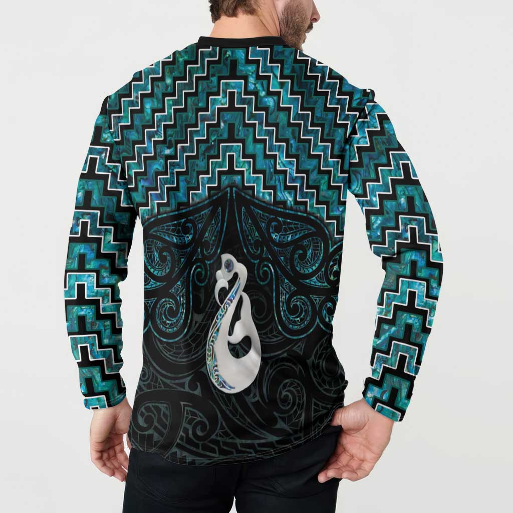 New Zealand Maori Button Sweatshirt Poutama Manaia Turquoise Paua Shell LT05 - Polynesian Pride