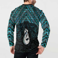 New Zealand Maori Button Sweatshirt Poutama Manaia Turquoise Paua Shell LT05 - Polynesian Pride