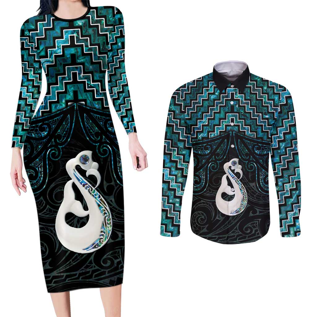 New Zealand Maori Couples Matching Long Sleeve Bodycon Dress and Long Sleeve Button Shirt Poutama Manaia Turquoise Paua Shell LT05 Turquoise - Polynesian Pride