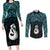 New Zealand Maori Couples Matching Long Sleeve Bodycon Dress and Long Sleeve Button Shirt Poutama Manaia Turquoise Paua Shell