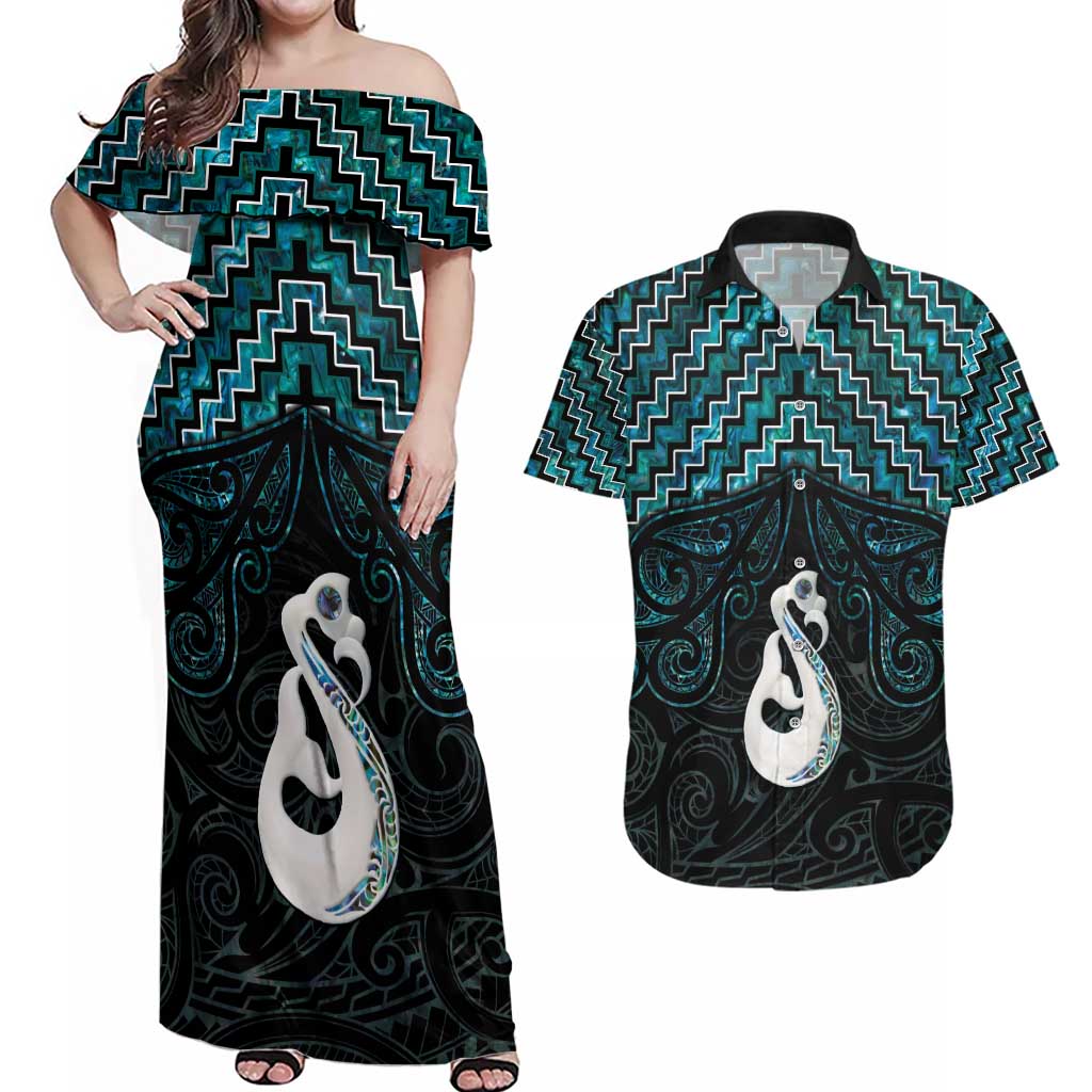 New Zealand Maori Couples Matching Off Shoulder Maxi Dress and Hawaiian Shirt Poutama Manaia Turquoise Paua Shell