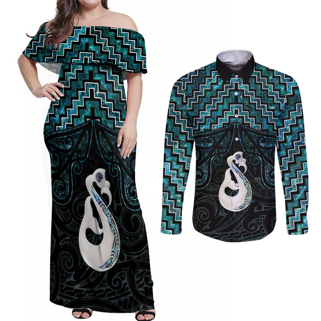 New Zealand Maori Couples Matching Off Shoulder Maxi Dress and Long Sleeve Button Shirt Poutama Manaia Turquoise Paua Shell LT05 Turquoise - Polynesian Pride