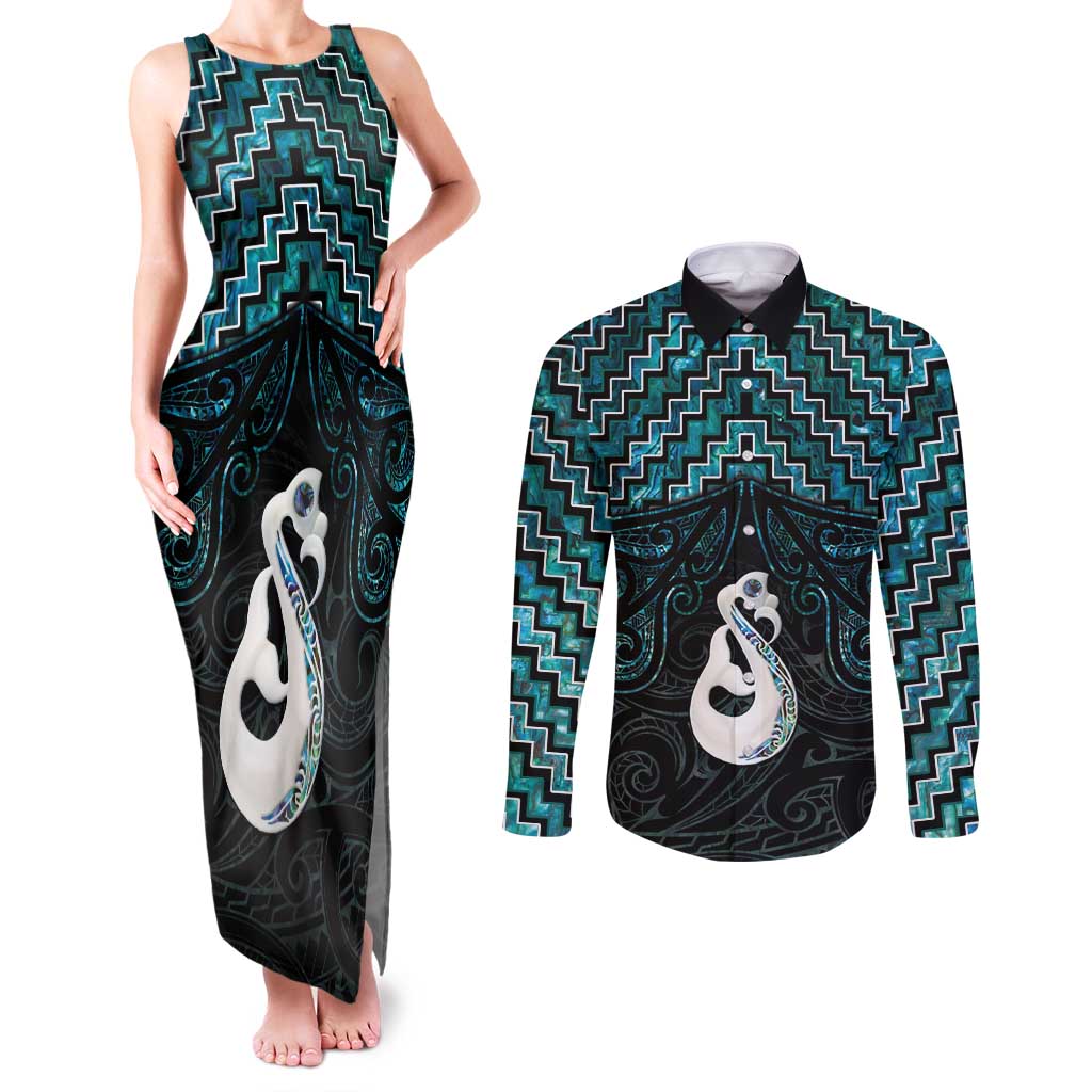 New Zealand Maori Couples Matching Tank Maxi Dress and Long Sleeve Button Shirt Poutama Manaia Turquoise Paua Shell LT05 Turquoise - Polynesian Pride
