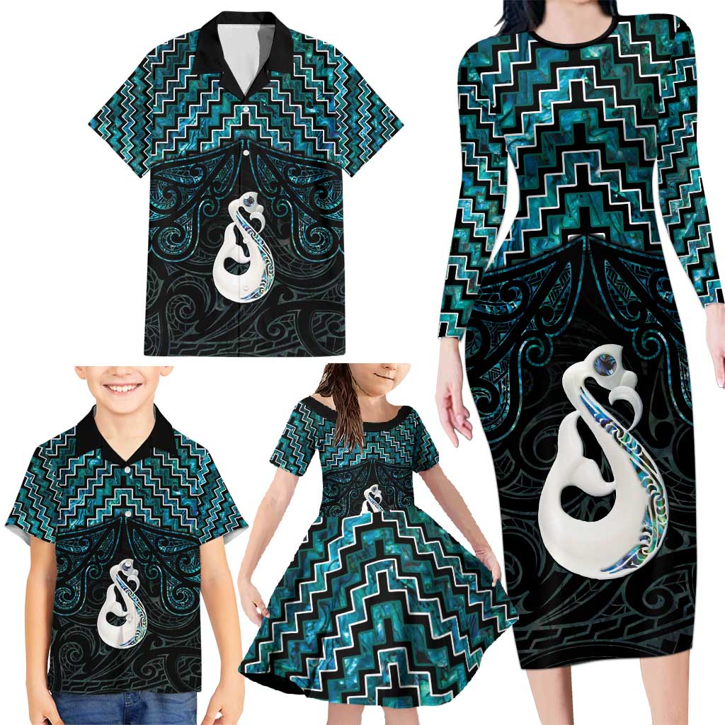 New Zealand Maori Family Matching Long Sleeve Bodycon Dress and Hawaiian Shirt Poutama Manaia Turquoise Paua Shell