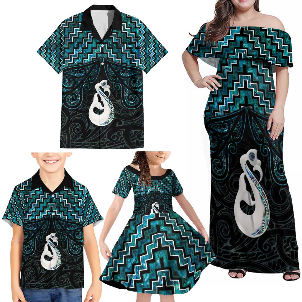 New Zealand Maori Family Matching Off Shoulder Maxi Dress and Hawaiian Shirt Poutama Manaia Turquoise Paua Shell