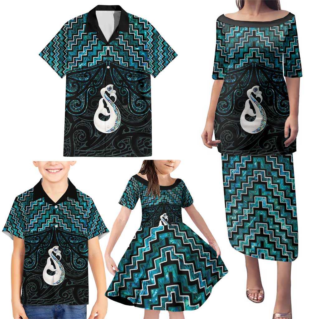 New Zealand Maori Family Matching Puletasi and Hawaiian Shirt Poutama Manaia Turquoise Paua Shell