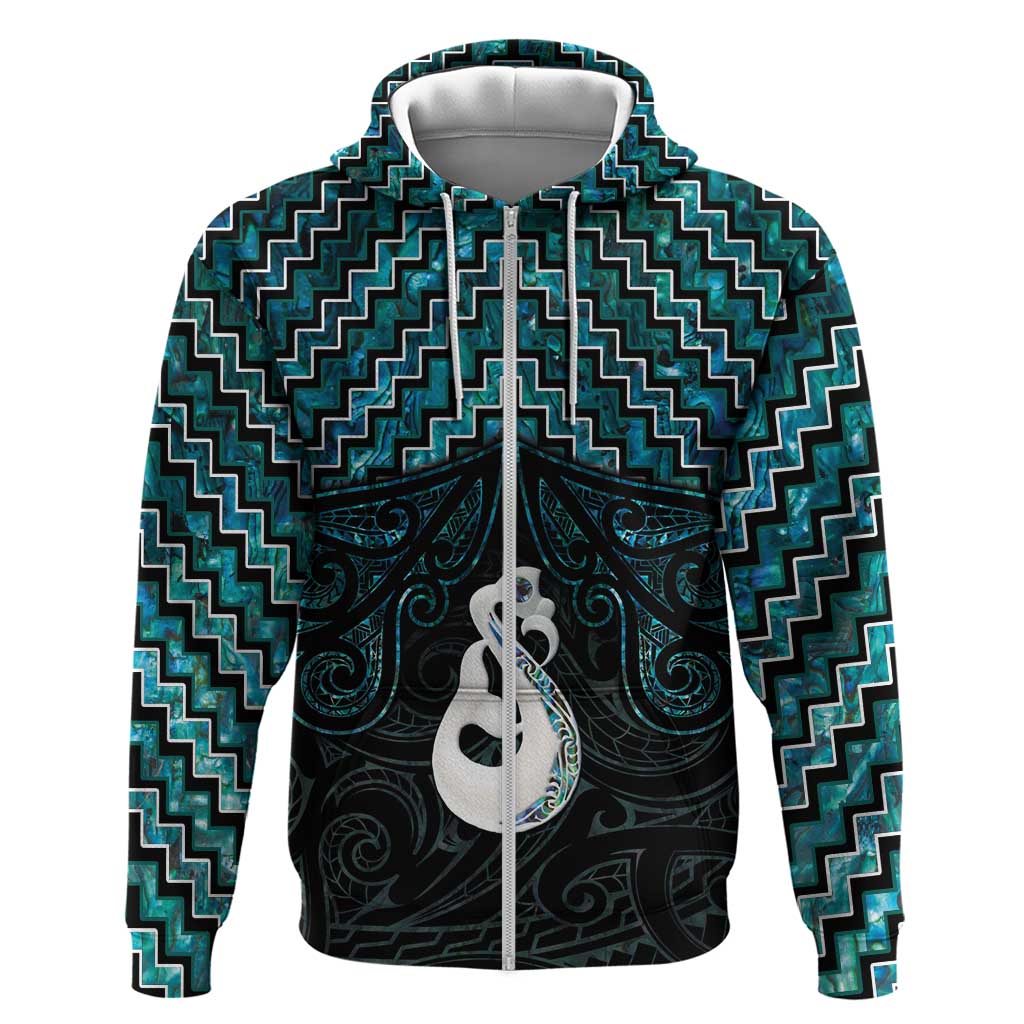 New Zealand Maori Hoodie Poutama Manaia Turquoise Paua Shell