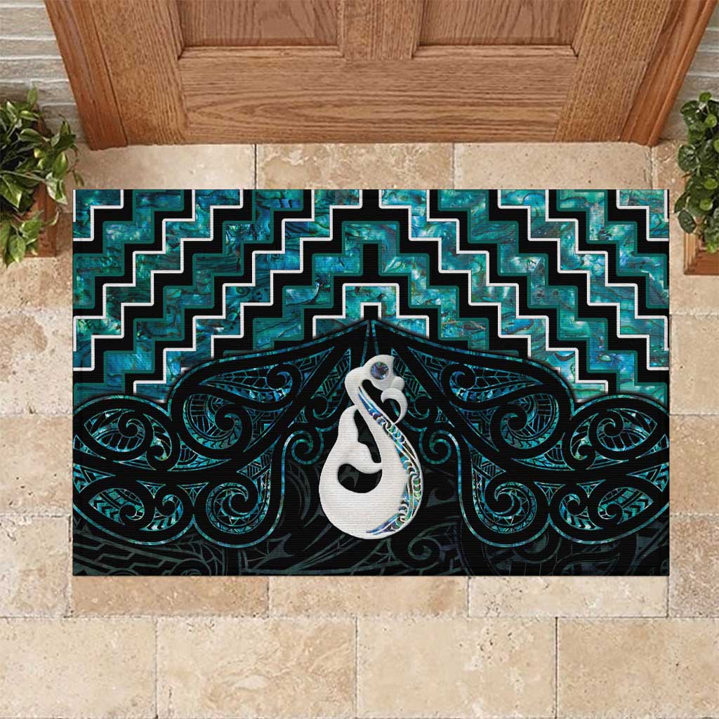 New Zealand Maori Rubber Doormat Poutama Manaia Turquoise Paua Shell LT05 Turquoise - Polynesian Pride