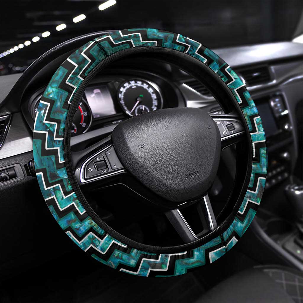 New Zealand Maori Steering Wheel Cover Poutama Manaia Turquoise Paua Shell LT05 Universal Fit Turquoise - Polynesian Pride