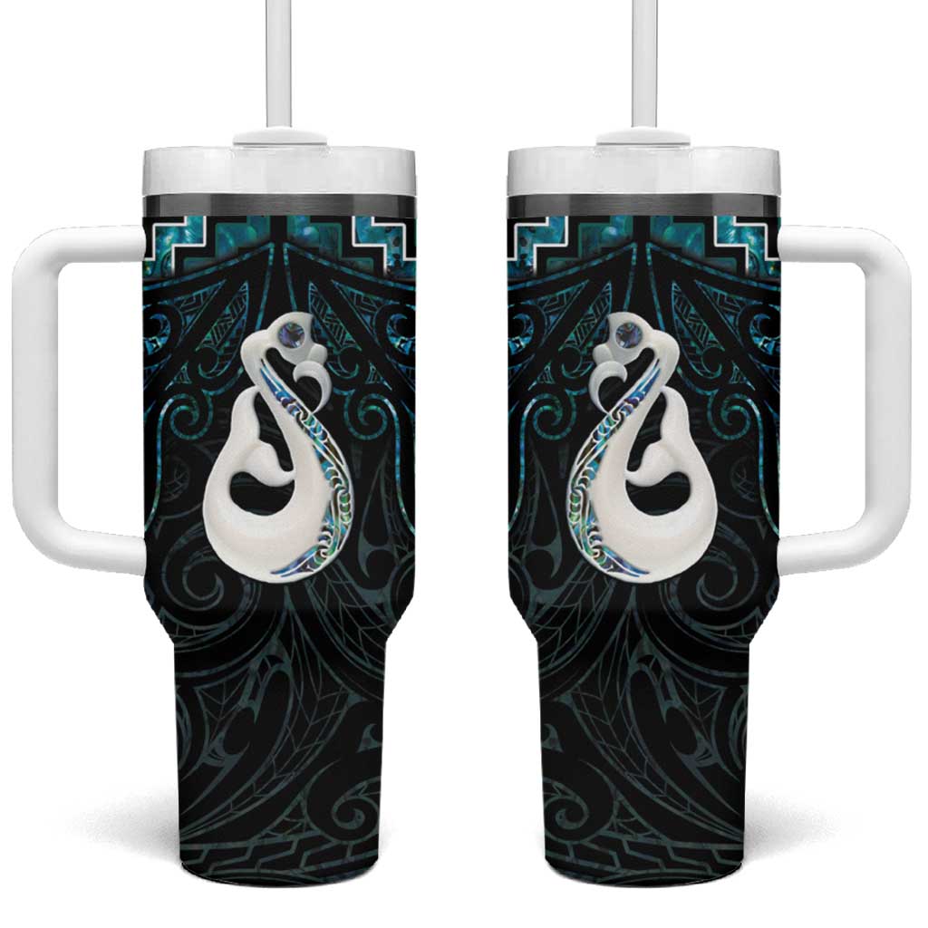 New Zealand Maori Tumbler With Handle Poutama Manaia Turquoise Paua Shell LT05 One Size: 40 oz Turquoise - Polynesian Pride