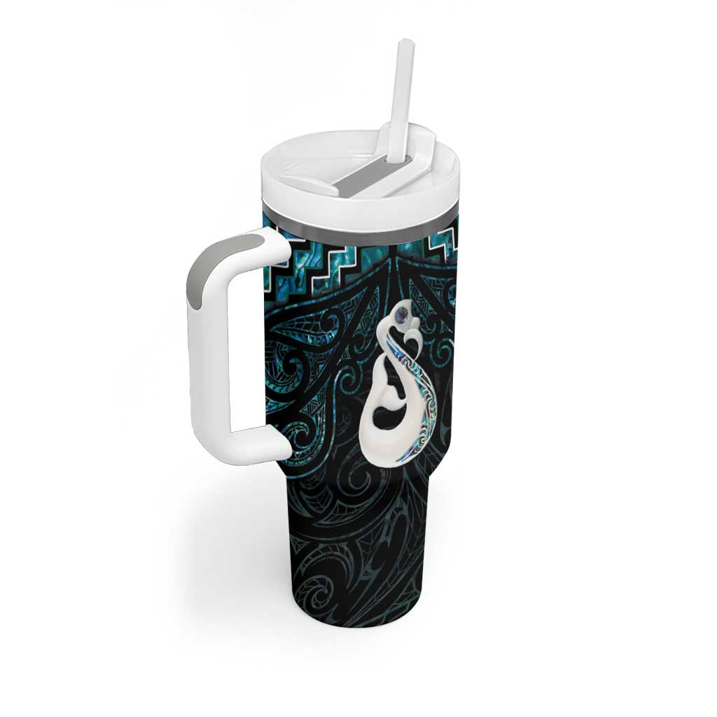 New Zealand Maori Tumbler With Handle Poutama Manaia Turquoise Paua Shell LT05 - Polynesian Pride