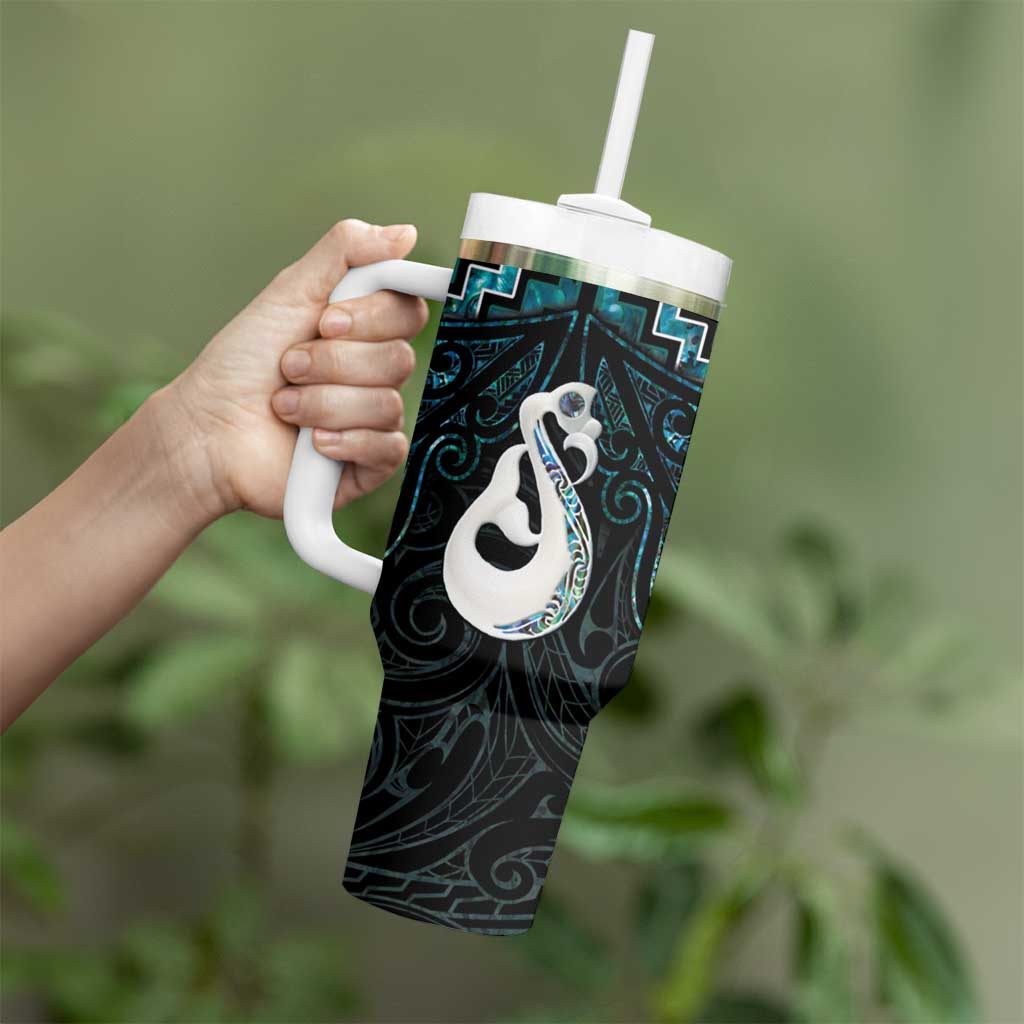 New Zealand Maori Tumbler With Handle Poutama Manaia Turquoise Paua Shell LT05 - Polynesian Pride
