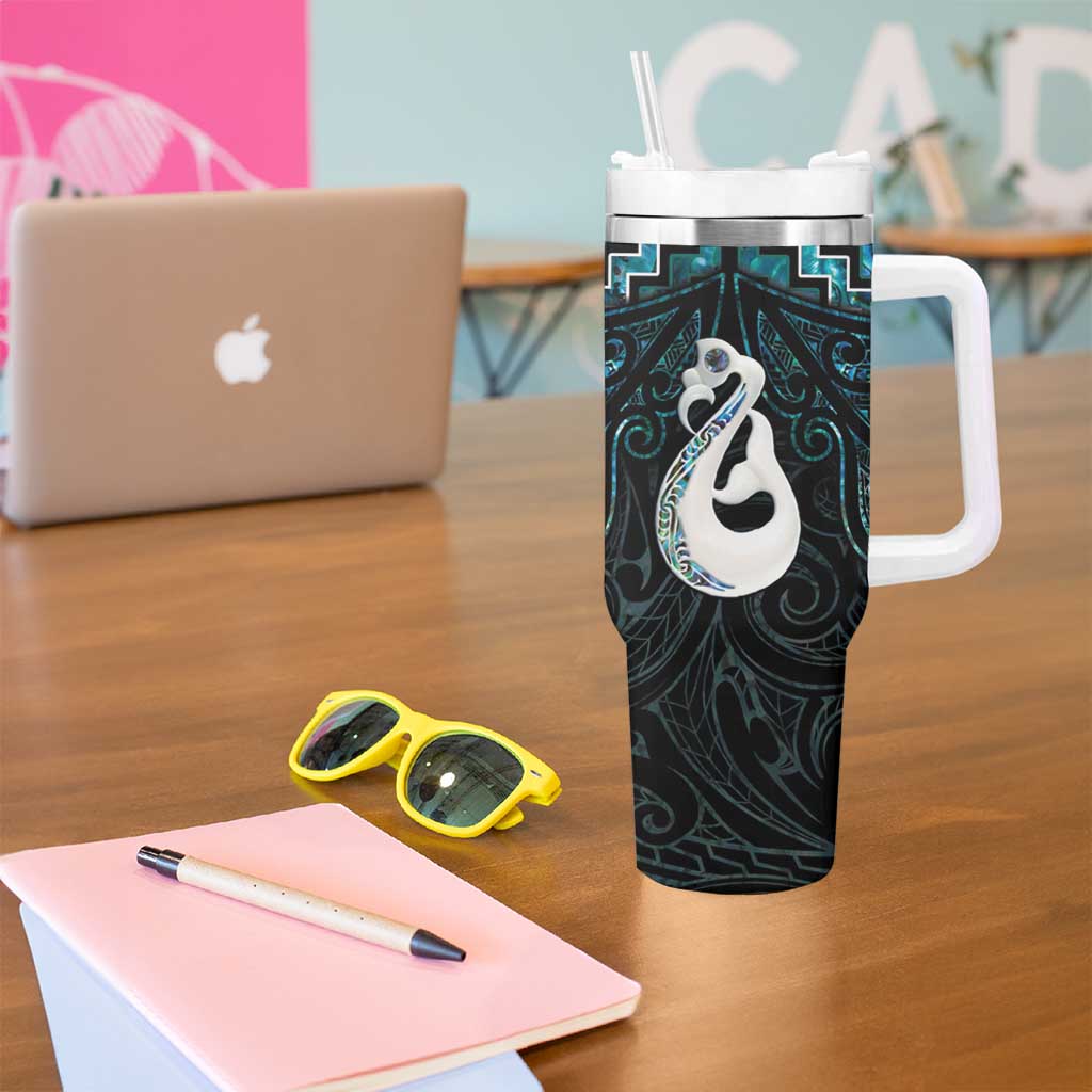 New Zealand Maori Tumbler With Handle Poutama Manaia Turquoise Paua Shell LT05 - Polynesian Pride
