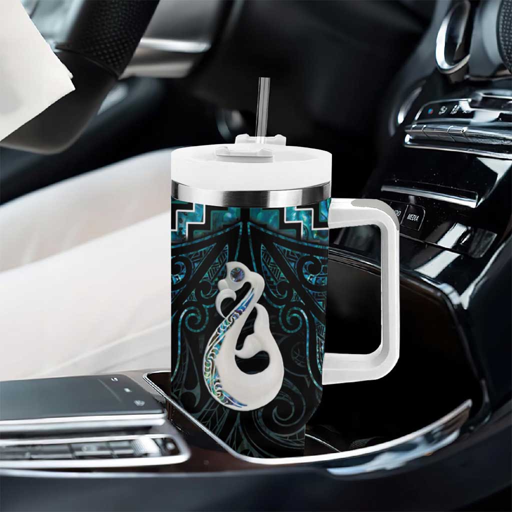 New Zealand Maori Tumbler With Handle Poutama Manaia Turquoise Paua Shell LT05 - Polynesian Pride