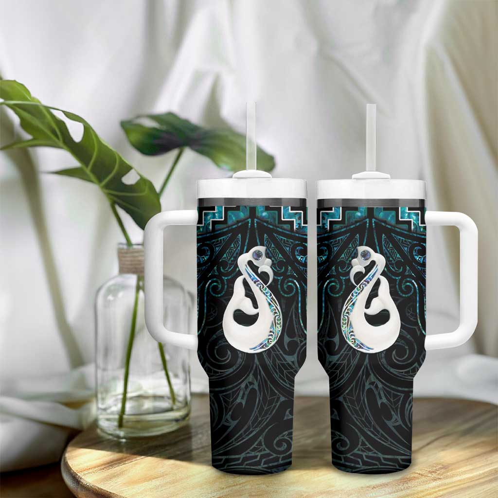 New Zealand Maori Tumbler With Handle Poutama Manaia Turquoise Paua Shell LT05 - Polynesian Pride