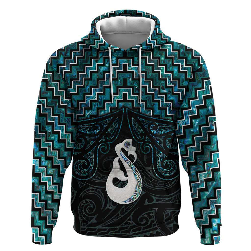 New Zealand Maori Zip Hoodie Poutama Manaia Turquoise Paua Shell