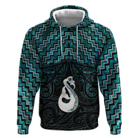 New Zealand Maori Zip Hoodie Poutama Manaia Turquoise Paua Shell