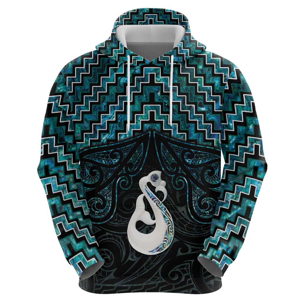 New Zealand Maori Zip Hoodie Poutama Manaia Turquoise Paua Shell