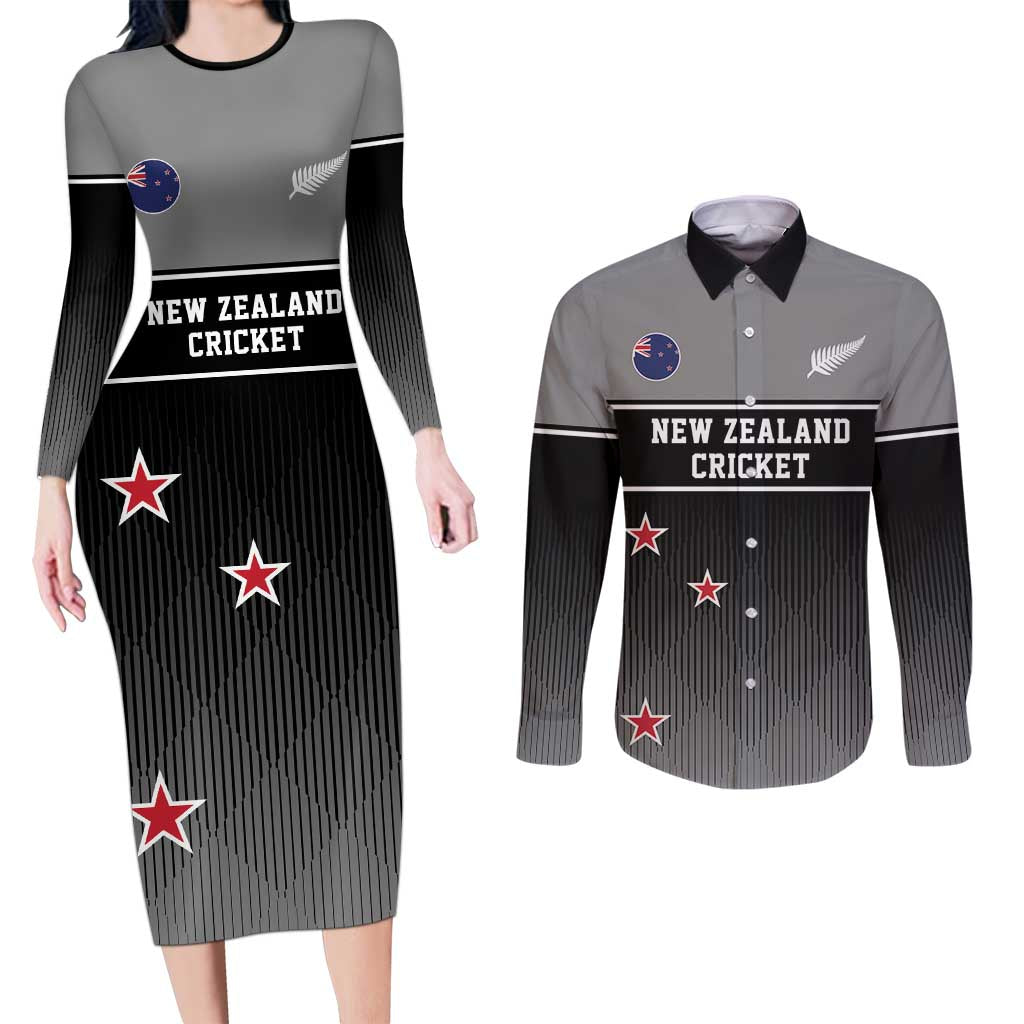 Custom New Zealand Cricket Couples Matching Long Sleeve Bodycon Dress and Long Sleeve Button Shirt Black Cap Unbeatable LT05 Black - Polynesian Pride