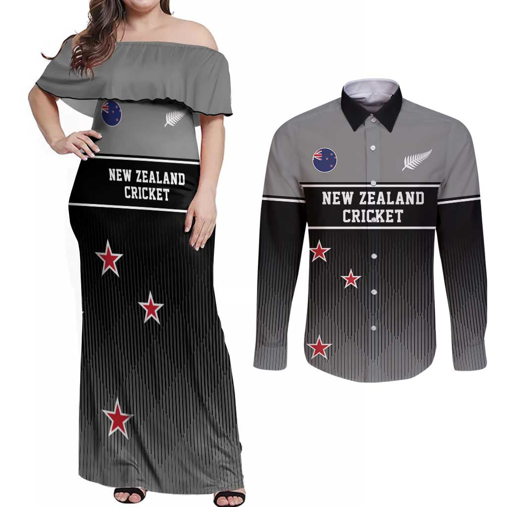 Custom New Zealand Cricket Couples Matching Off Shoulder Maxi Dress and Long Sleeve Button Shirt Black Cap Unbeatable LT05 Black - Polynesian Pride