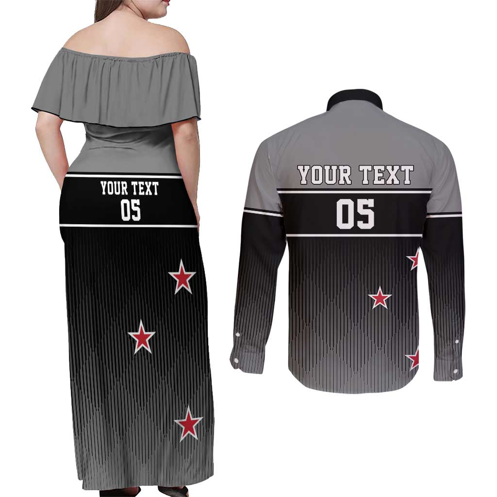Custom New Zealand Cricket Couples Matching Off Shoulder Maxi Dress and Long Sleeve Button Shirt Black Cap Unbeatable LT05 - Polynesian Pride