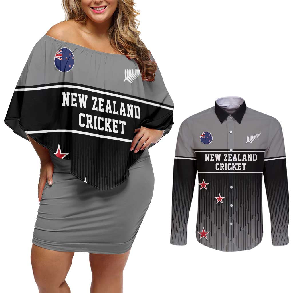 Custom New Zealand Cricket Couples Matching Off Shoulder Short Dress and Long Sleeve Button Shirt Black Cap Unbeatable LT05 Black - Polynesian Pride