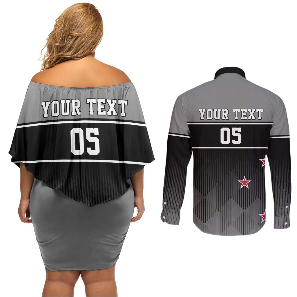 Custom New Zealand Cricket Couples Matching Off Shoulder Short Dress and Long Sleeve Button Shirt Black Cap Unbeatable LT05 - Polynesian Pride