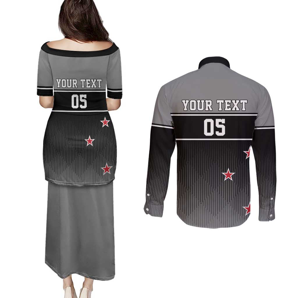 Custom New Zealand Cricket Couples Matching Puletasi and Long Sleeve Button Shirt Black Cap Unbeatable LT05 - Polynesian Pride