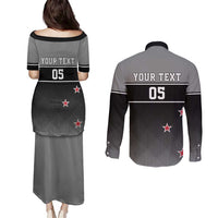 Custom New Zealand Cricket Couples Matching Puletasi and Long Sleeve Button Shirt Black Cap Unbeatable LT05 - Polynesian Pride