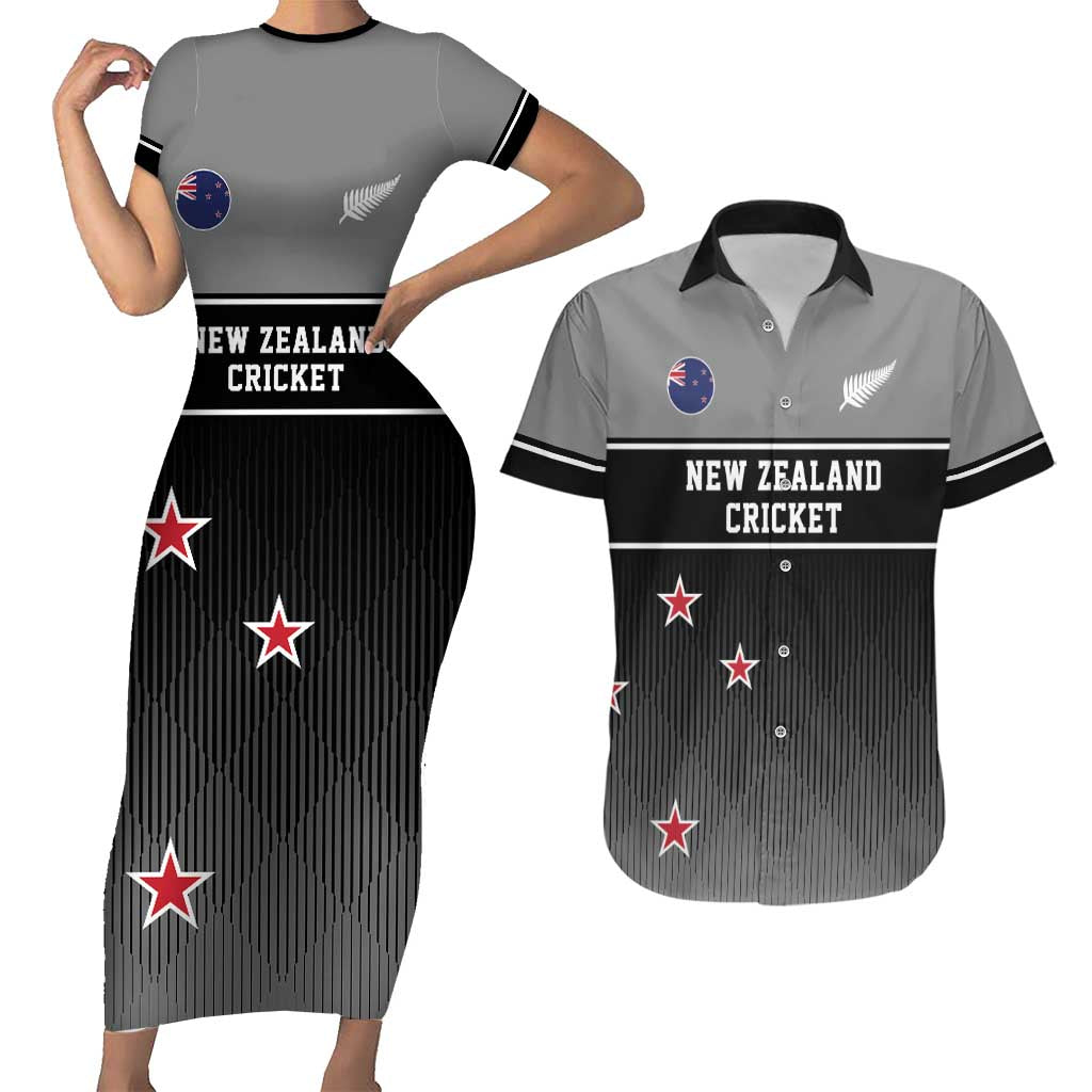 Custom New Zealand Cricket Couples Matching Short Sleeve Bodycon Dress and Hawaiian Shirt Black Cap Unbeatable LT05 Black - Polynesian Pride