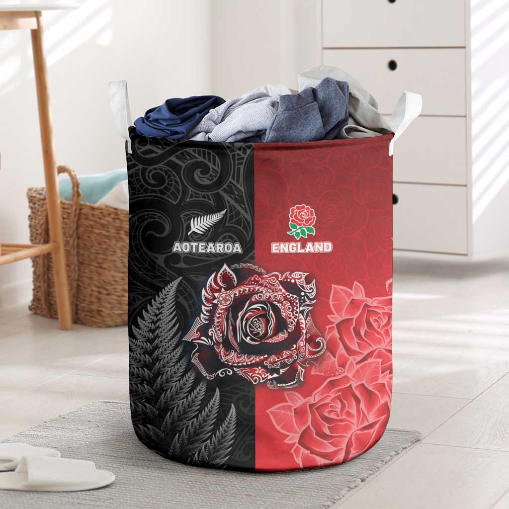 New Zealand And England Rugby Laundry Basket Red Rose Mix Maori Pattern - Polynesian Pride