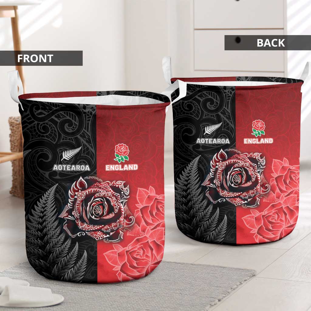 New Zealand And England Rugby Laundry Basket Red Rose Mix Maori Pattern - Polynesian Pride