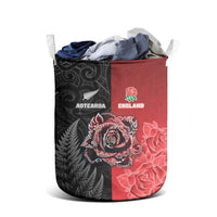 New Zealand And England Rugby Laundry Basket Red Rose Mix Maori Pattern - Polynesian Pride