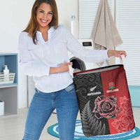 New Zealand And England Rugby Laundry Basket Red Rose Mix Maori Pattern - Polynesian Pride