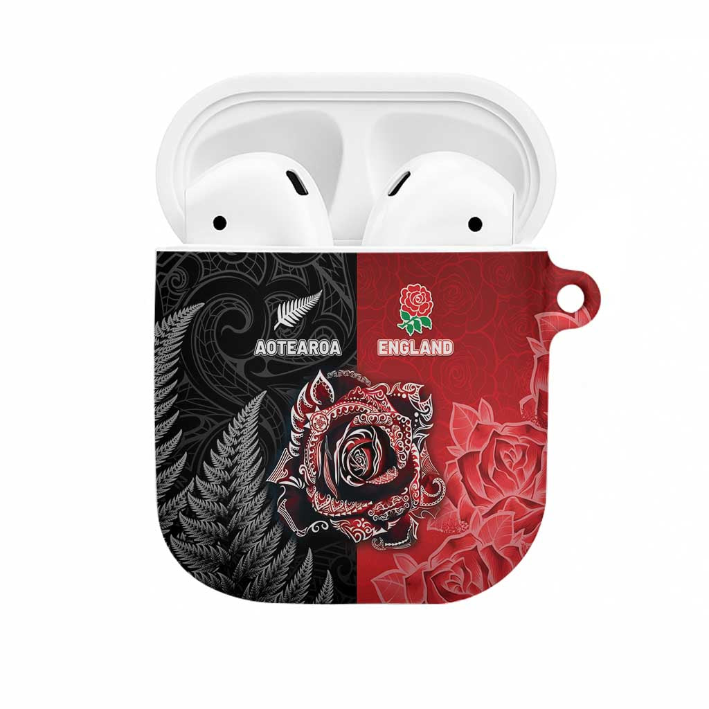 New Zealand And England Rugby AirPods Case Red Rose Mix Maori Pattern - Polynesian Pride