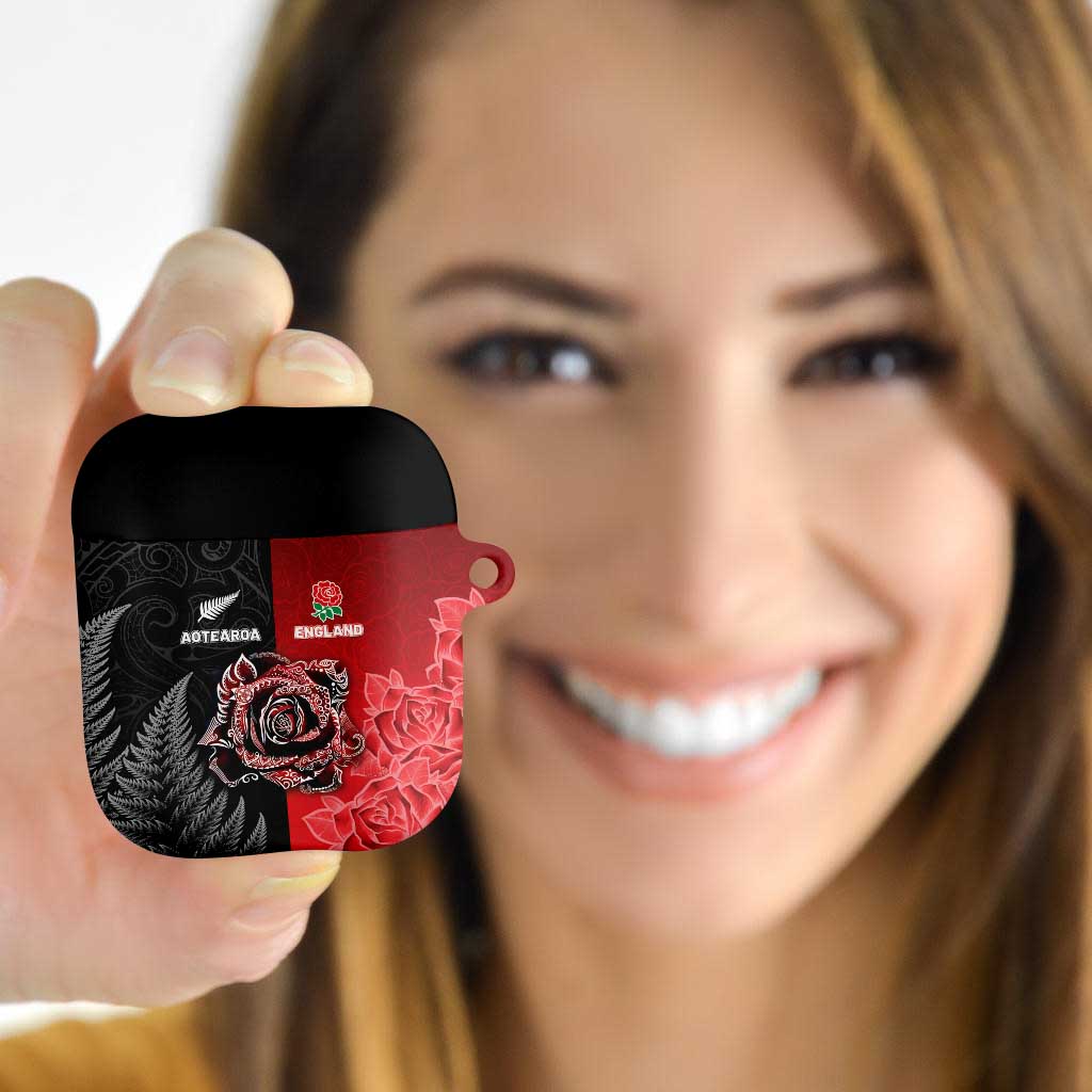 New Zealand And England Rugby AirPods Case Red Rose Mix Maori Pattern - Polynesian Pride